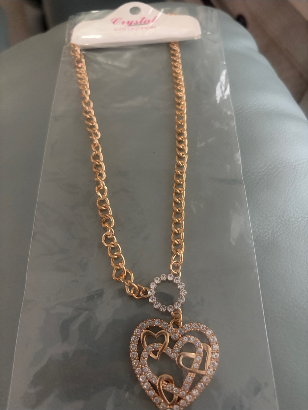 Gold Crystal Heart Pendant Necklace -